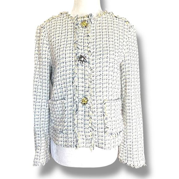 Zara Basic Cream Tweed Boucle Blazer Lady Jacket Flower Jewel Brooch Buttons XS - Picture 13 of 13